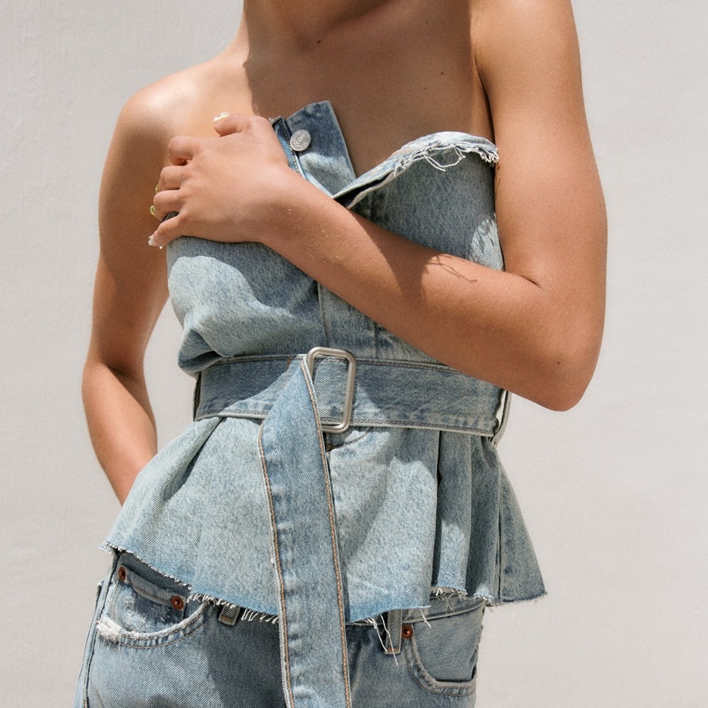 Zara nwt denim jeans belted corset strapless top